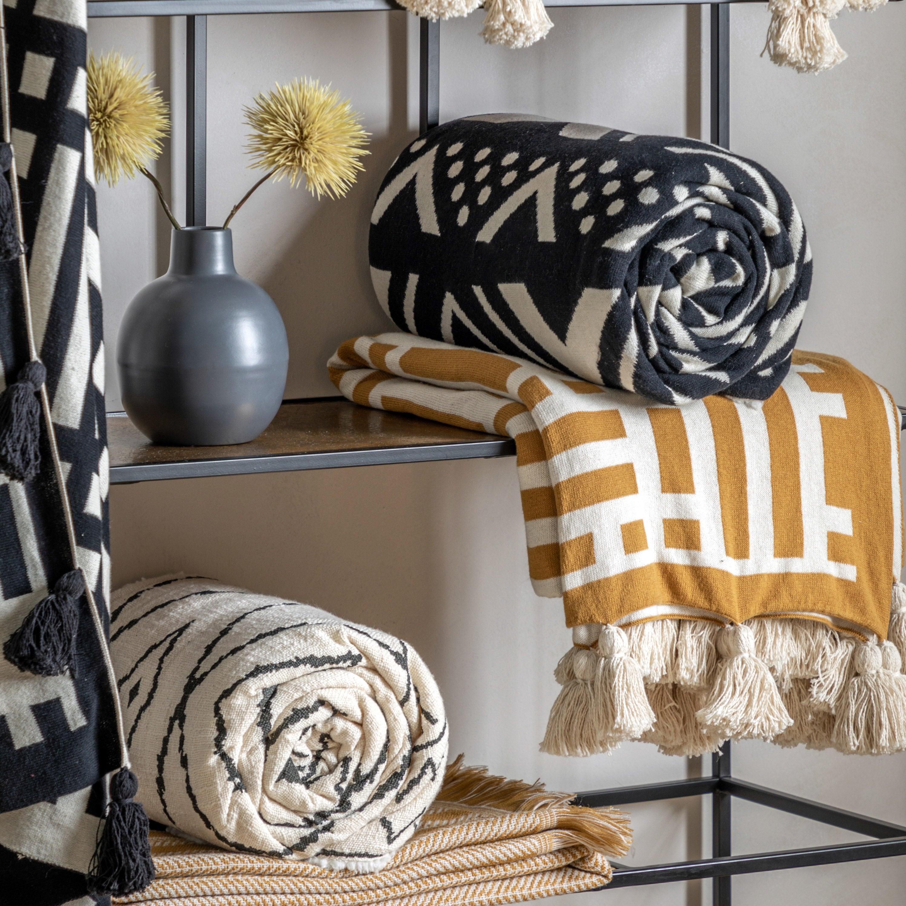 Mayfair Aztec Knitted Tassel Ochre Yellow Throw